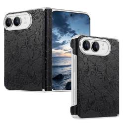 Премиум магнитен кейс за iPhone Duo с релефен флорален дизайн, двойна защита на пантата и удароустойчива конструкция - черен