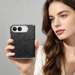Премиум магнитен кейс за iPhone Duo с релефен флорален дизайн, двойна защита на пантата и удароустойчива конструкция - черен