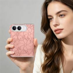 Премиум магнитен кейс за iPhone Duo с релефен флорален дизайн, двойна защита на пантата и удароустойчива конструкция - розов