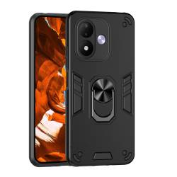 Удароустойчив хибриден кейс за Xiaomi Redmi Note 17 4G / 5G, въртящ се пръстен-стойка и повдигнати защитни ръбове - черен