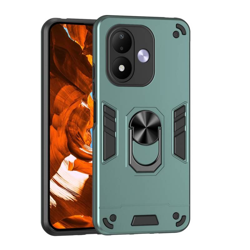 Удароустойчив хибриден кейс за Xiaomi Redmi Note 17 4G / 5G, въртящ се пръстен-стойка и повдигнати защитни ръбове - зелен