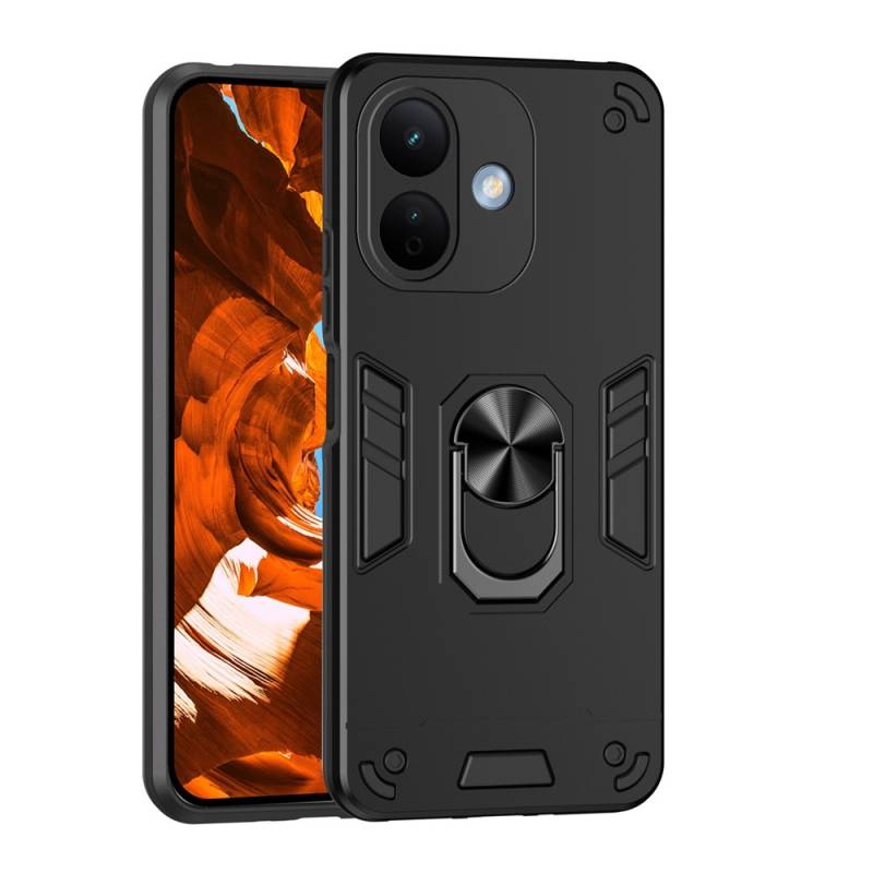 Удароустойчив хибриден кейс за Xiaomi Redmi Note 17 Pro 5G, въртящ се пръстен-стойка и повдигнати защитни ръбове - черен