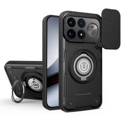 Брониран магнитен кейс с пръстен и капак за Xiaomi Poco F9 Pro - черен
